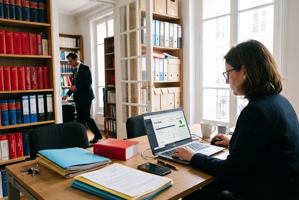 une avocate fait sa facture sur son ordinateur